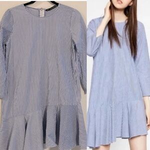 Zara Women Dress Small Blue & White Striped Trafaluc Longline Lagenlook Preppy